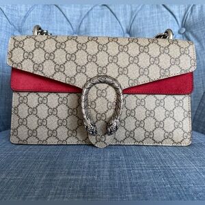 Gucci Dionysus Small GG Supreme Red Suede Shoulder Bag Authentic